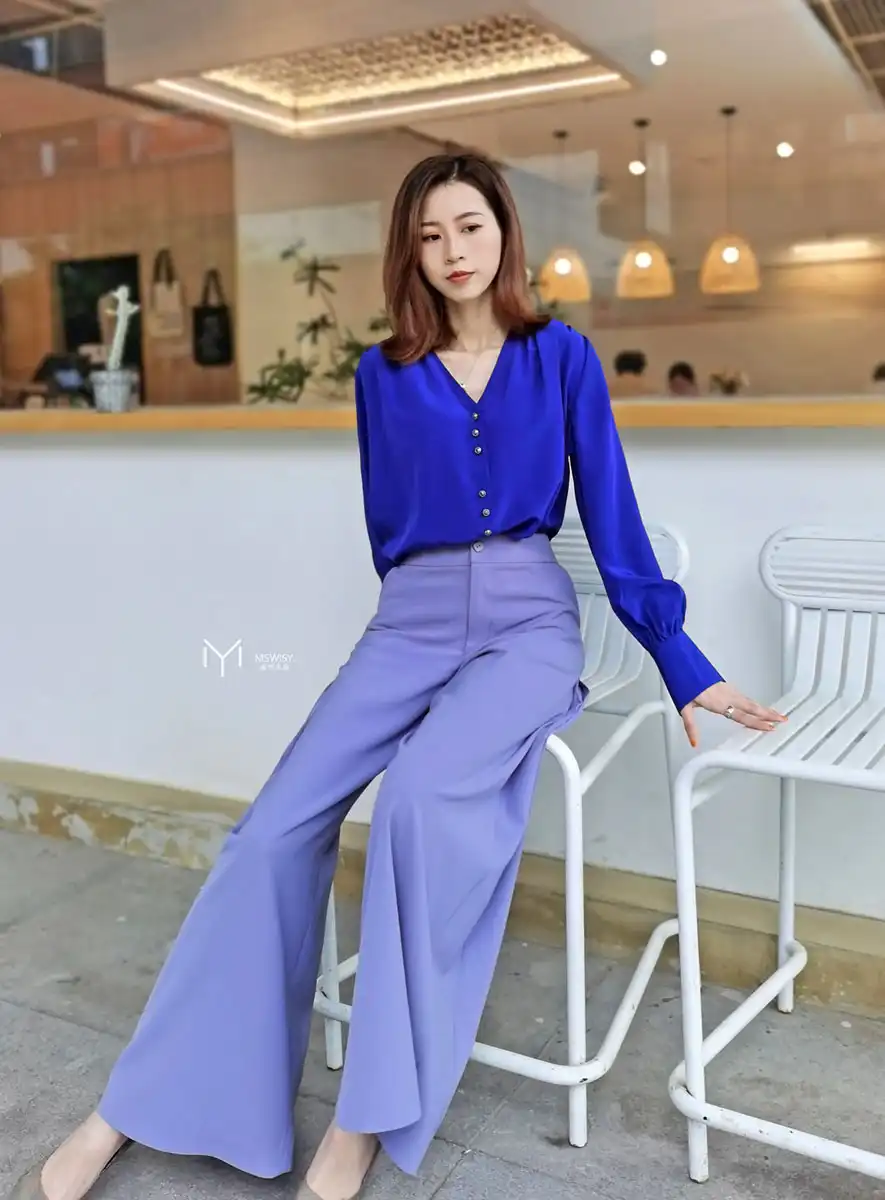 紫色侧褶超阔腿女式时装裤