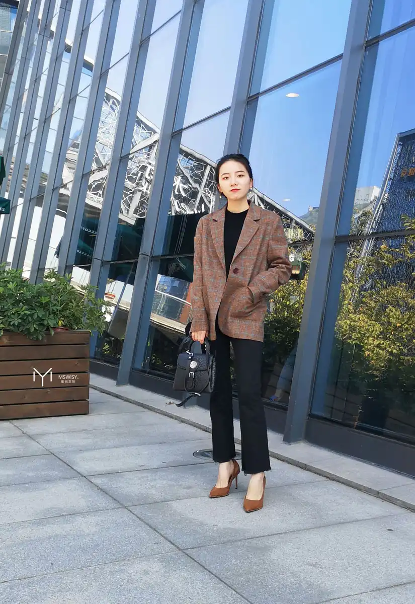 羊毛呢格子宽松单粒扣西装