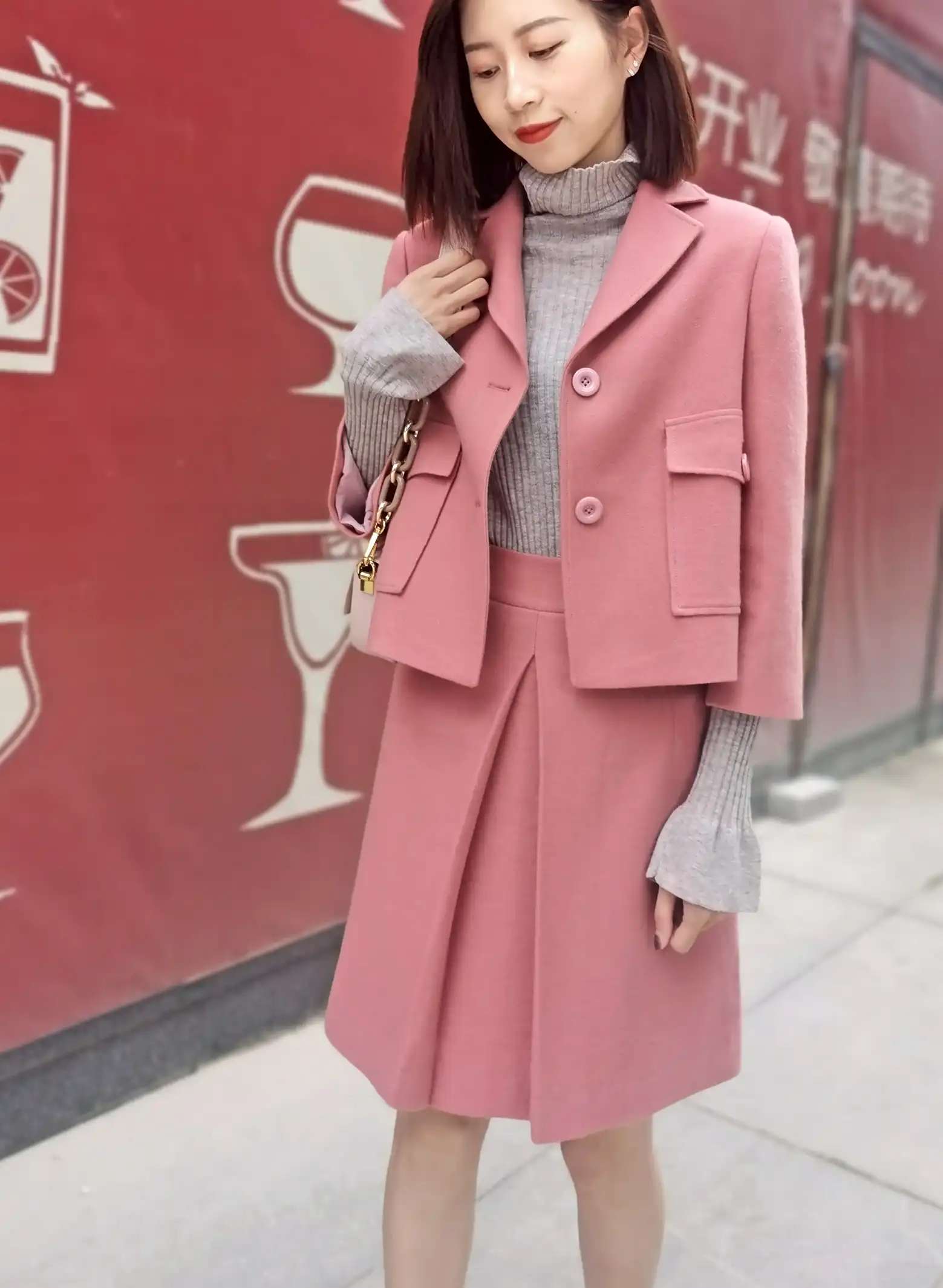 粉色格子八分袖羊毛女款短西装