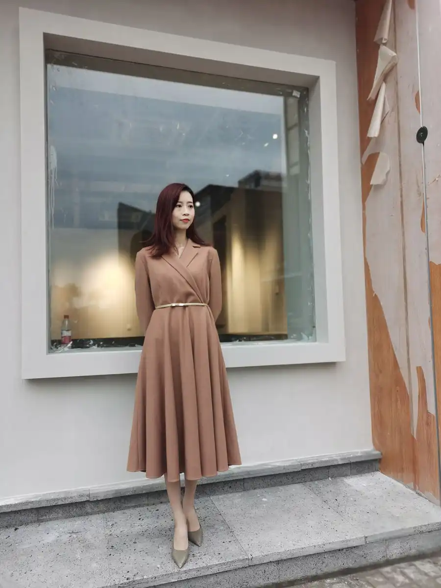 进口羊毛西装领连衣大摆群