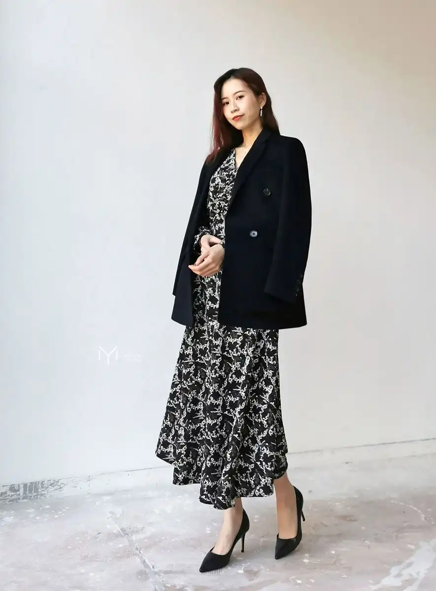 重磅雪纺V领长袖连衣裙