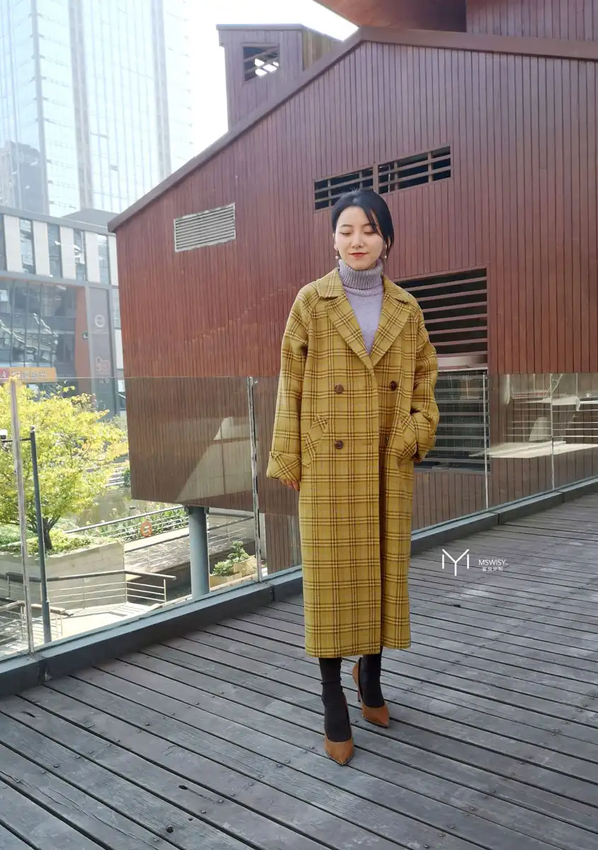 加长羊毛呢格子大衣