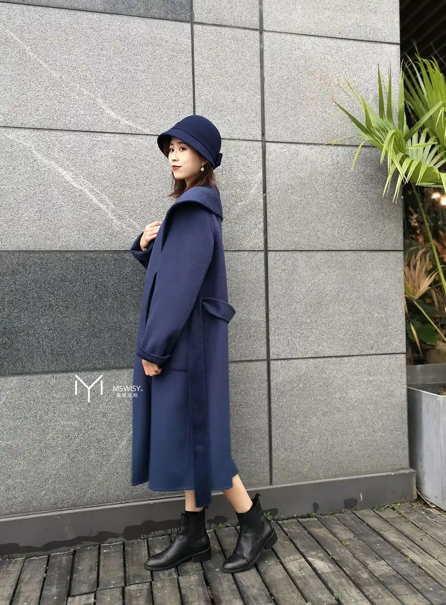 水波羊绒大翻领长大衣