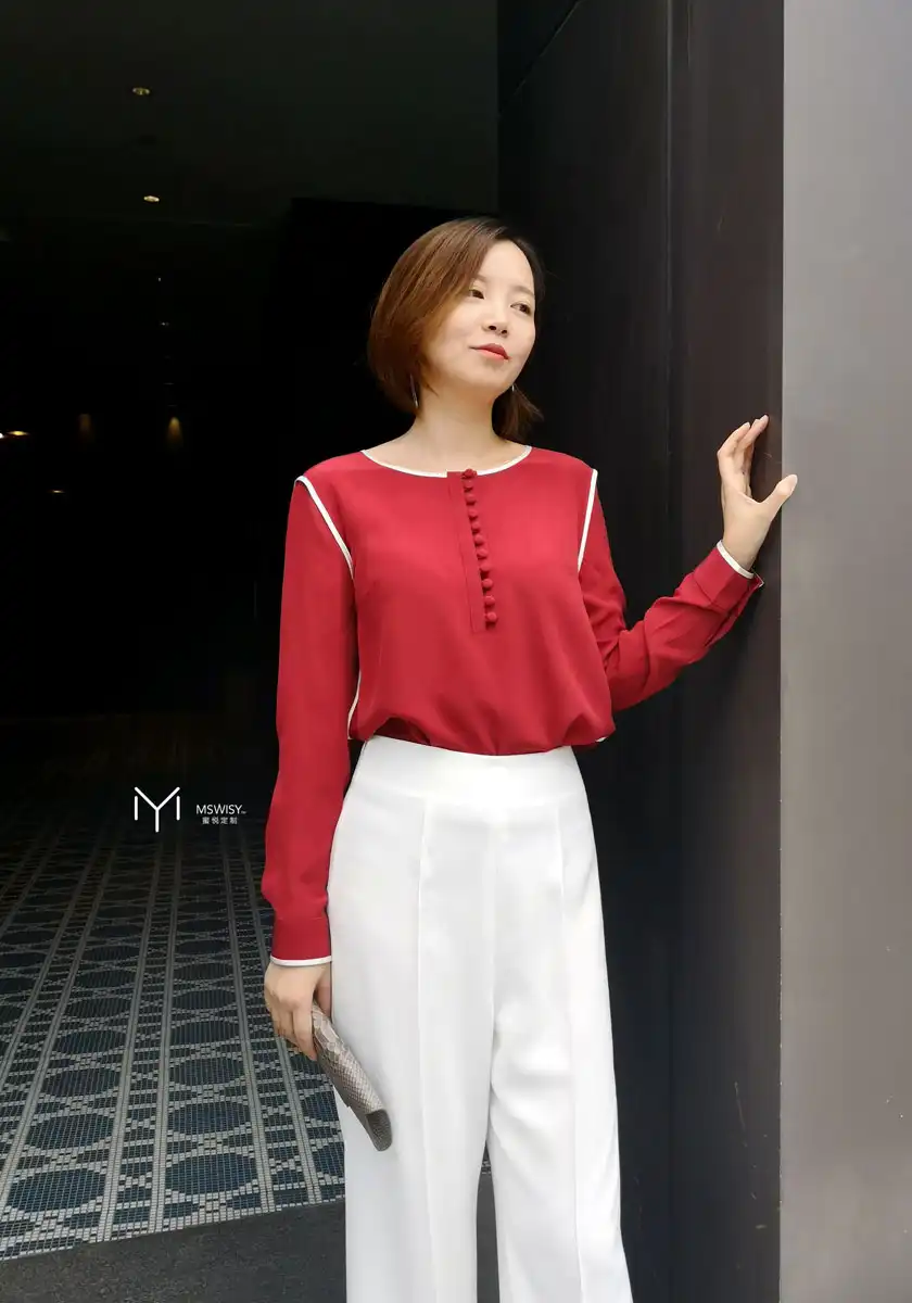 真丝包边无领半门襟长袖衬衣