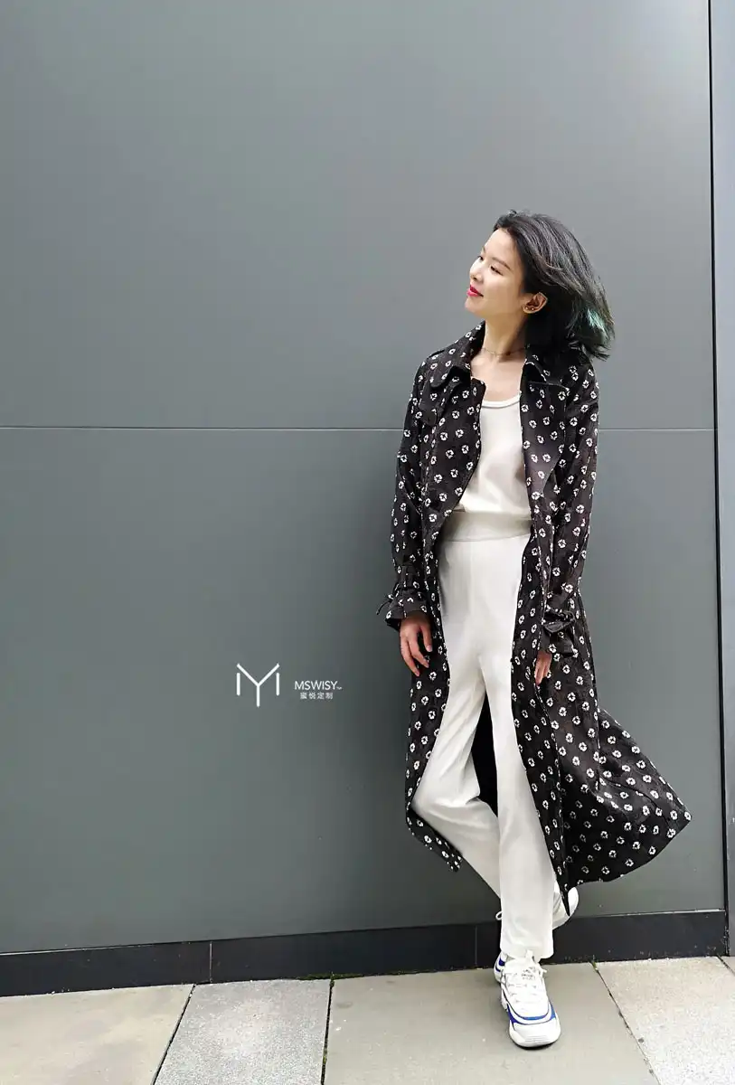 提花褶简袖长风衣