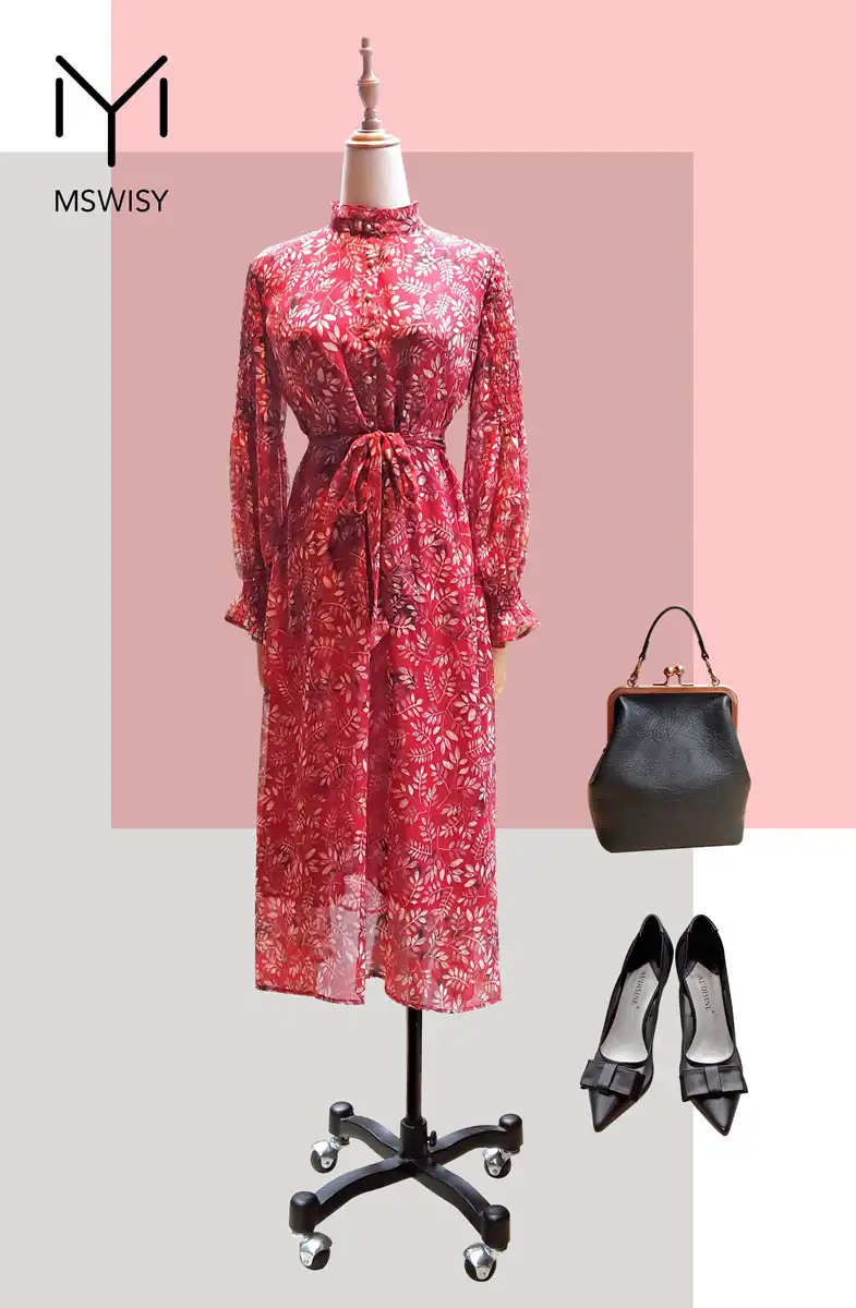 红色雪纺复古设计长袖连衣裙