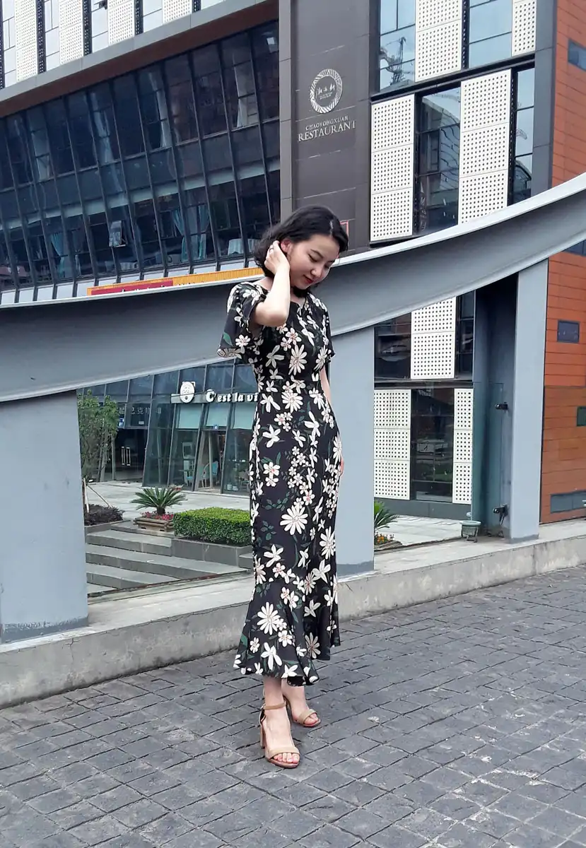 花色真丝水袖收腰鱼尾连衣裙