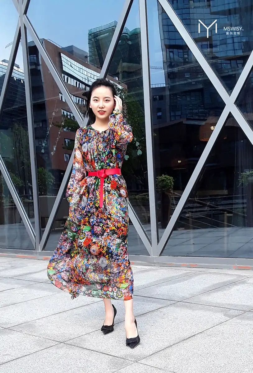 碎花真丝纱长袖百褶腰连衣裙