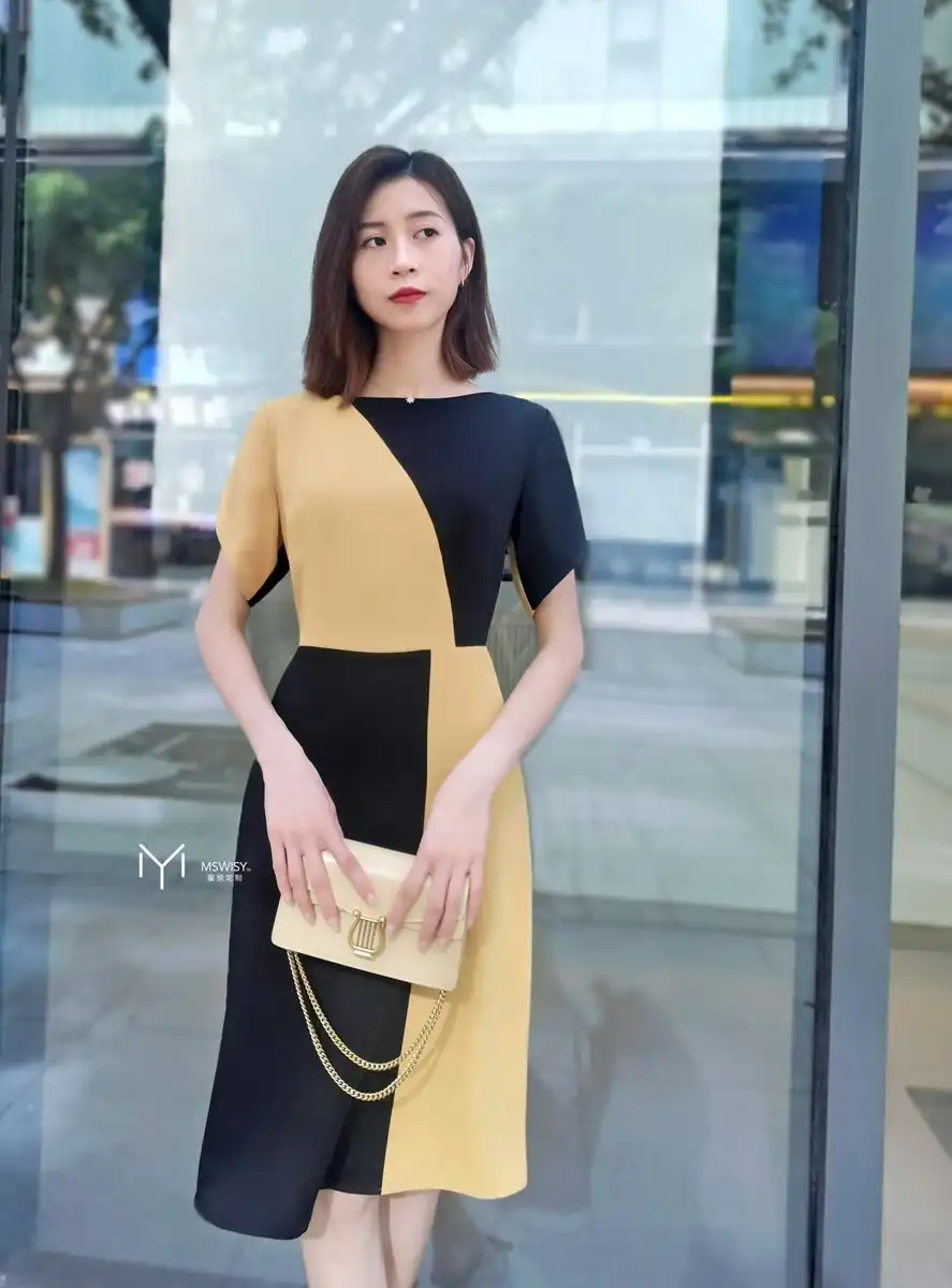 黑黄撞色设计花苞短袖连衣裙