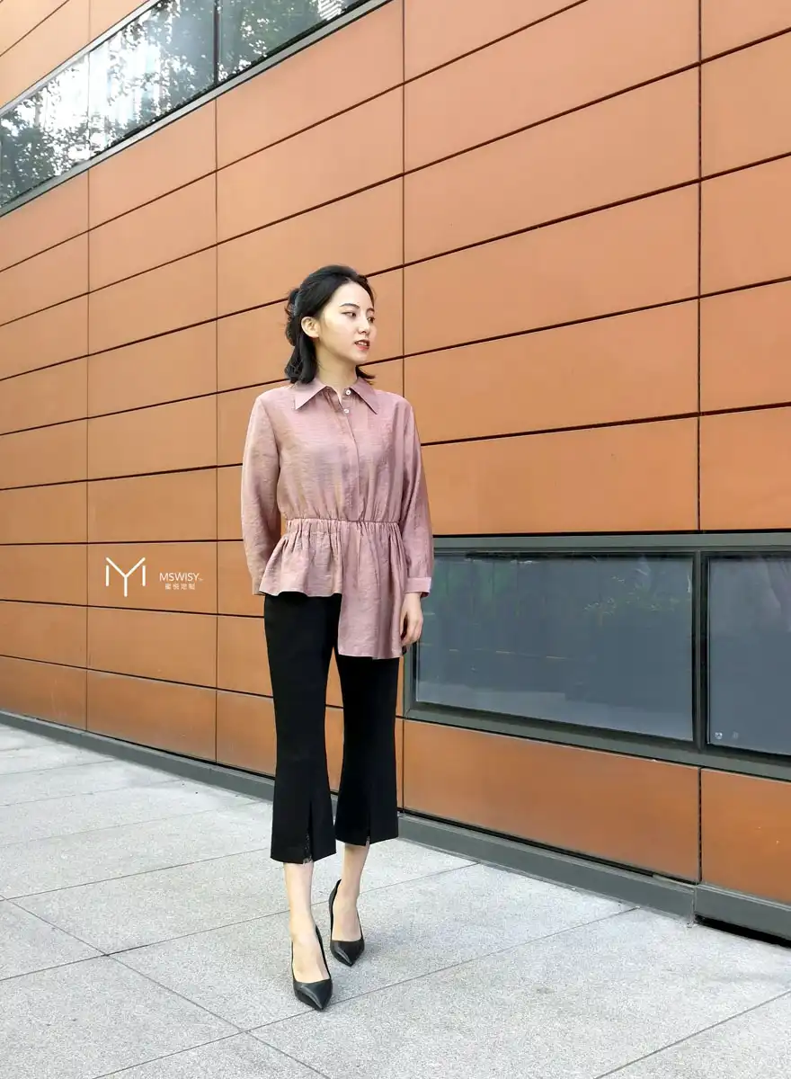 丝麻中袖设计伞摆上衣 