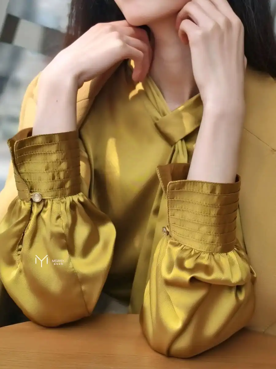 秋香黄骑士袖单飘带真丝女式衬衣