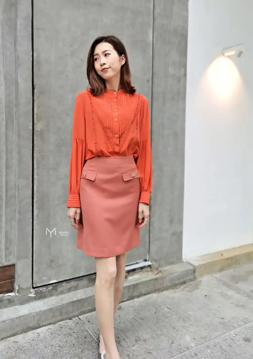 橘色重磅真丝套头落肩复古女式衬衣