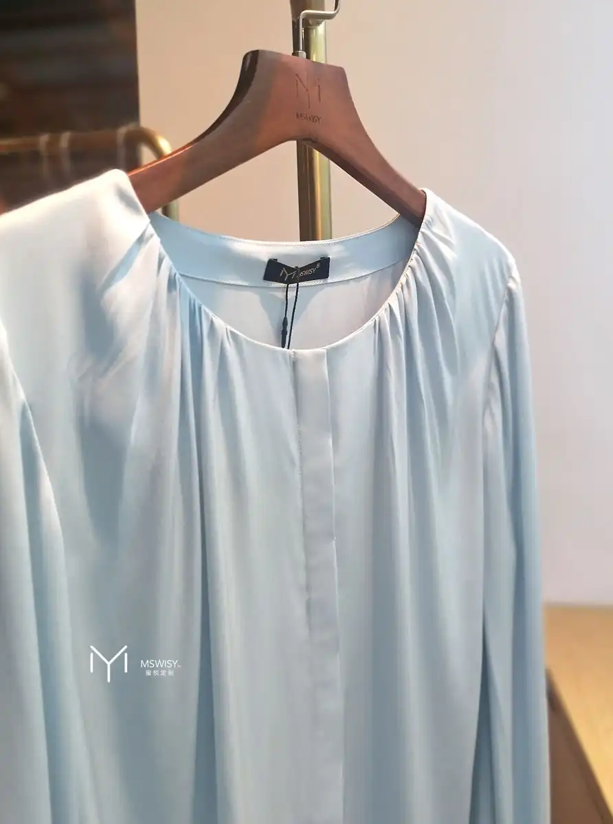 白色真丝优雅园领细褶女士衬衣